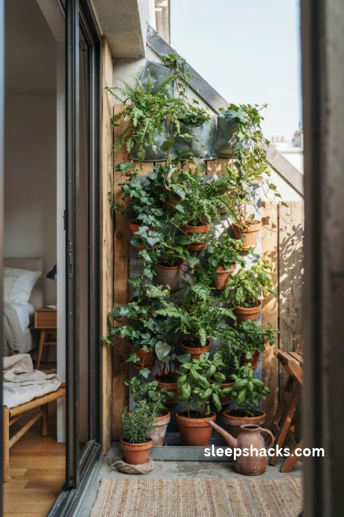 Bedroom balcony ideas with a lush vertical garden wall and trailing plants