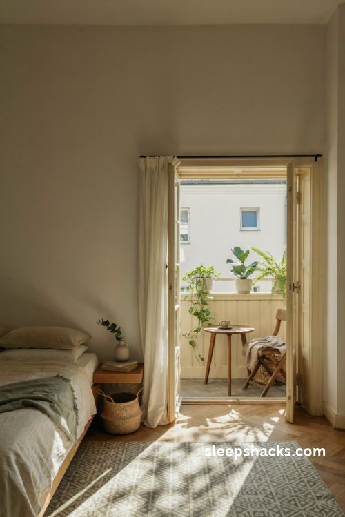 Bedroom balcony ideas with a matching sage green and cream color palette