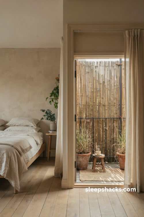 Bedroom balcony ideas with a natural bamboo privacy screen and cozy plants