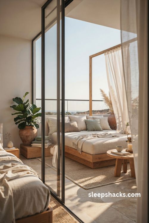 Bedroom balcony ideas with a relaxing outdoor daybed and sheer canopy curtains