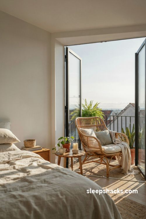 Bedroom balcony ideas with a rounded rattan chair and a cozy side table