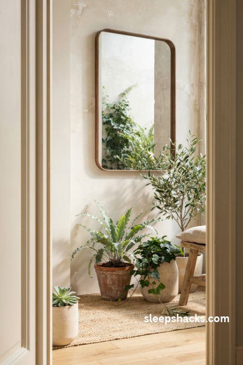 Bedroom balcony ideas with a weatherproof mirror reflecting greenery and natural light