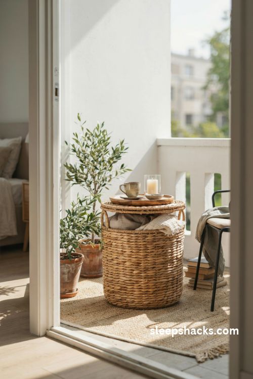 Bedroom balcony ideas with a wicker storage basket coffee table and wooden tray