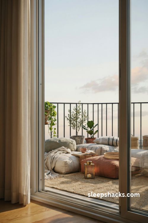 Bedroom balcony ideas with cozy floor cushions and a relaxed outdoor lounge