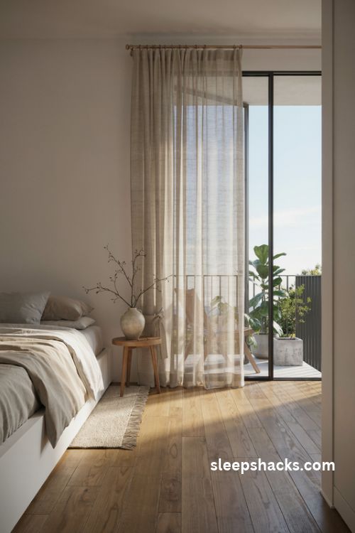 Bedroom balcony ideas with soft floor to ceiling linen curtains