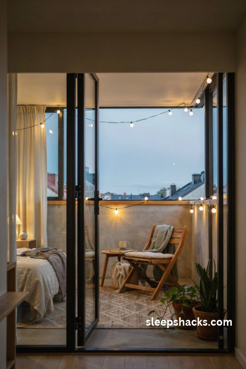 Bedroom balcony ideas with warm white string lights for a cozy evening retreat