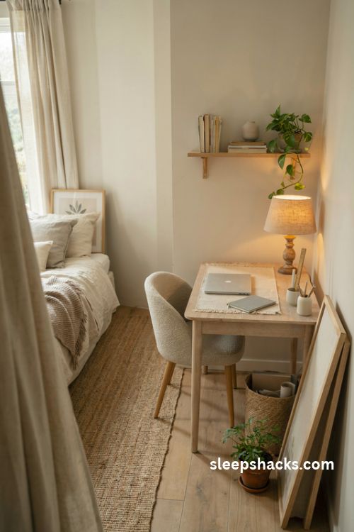 Bedroom corner desk home office layout with an upholstered chair and cozy neutral bedroom decor