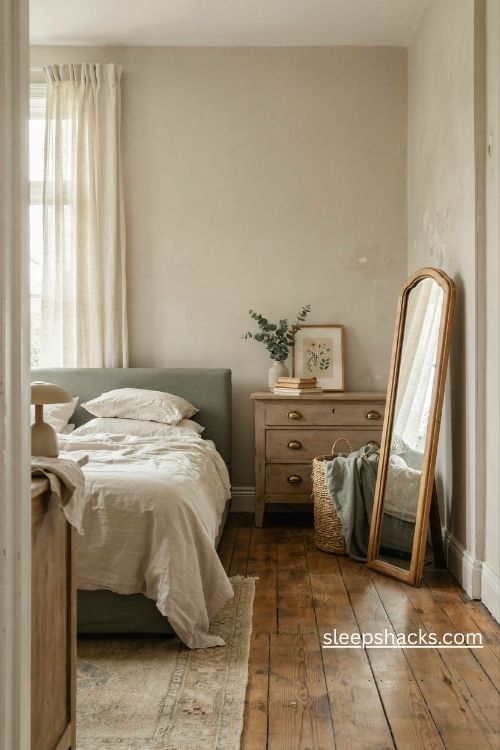 Bedroom mirror ideas with a vintage full length mirror in a cozy neutral cottage bedroom