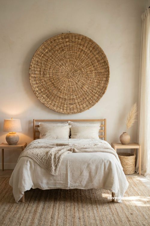 Bedroom wall ideas with a natural rattan wall hanging above cozy neutral bedding
