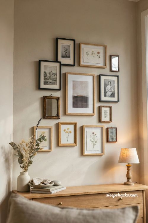 Bedroom wall ideas with a personal gallery wall of vintage frames and botanical art 