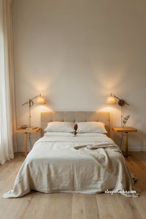 Bedroom wall ideas with brass plug in wall sconces and cozy neutral bedding
