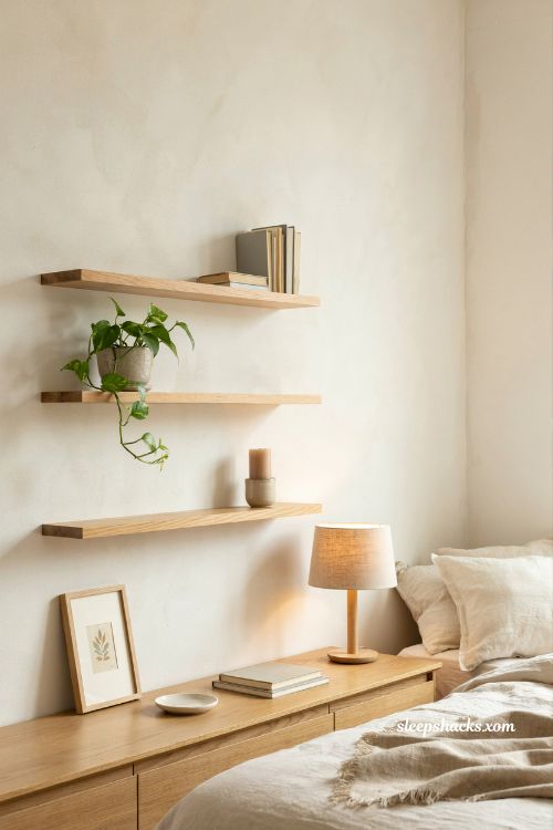 Bedroom wall ideas with light oak floating shelves styled with books plants and framed art

