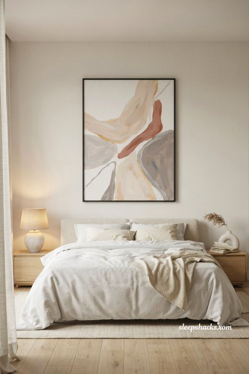 Bedroom wall ideas with oversized abstract art above a cozy neutral bed 
