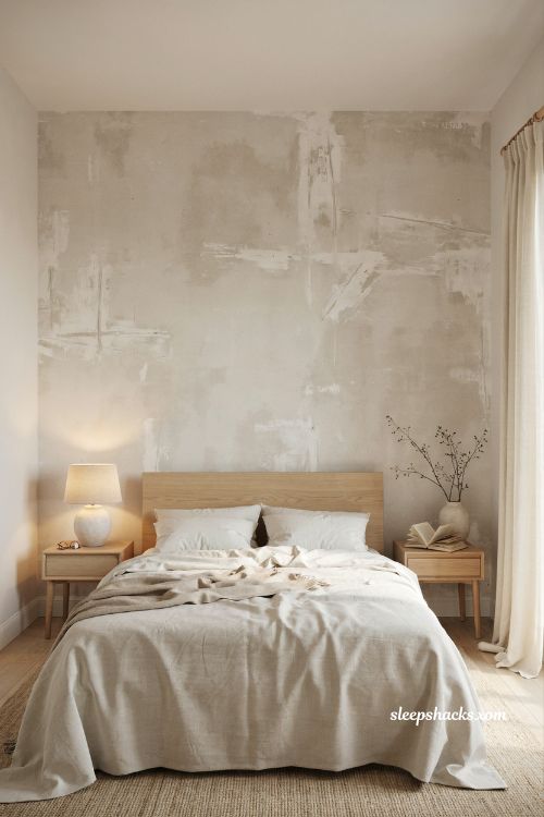 Bedroom wall ideas with pale greige limewash walls and warm natural textures
