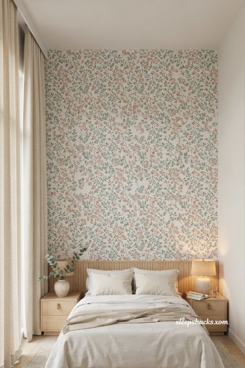 Bedroom wall ideas with peel and stick botanical wallpaper and cozy white bedding 