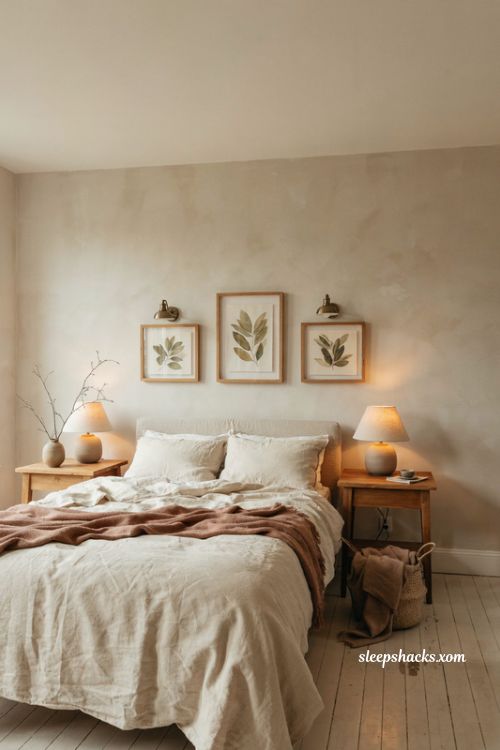 Bedroom wall ideas with textured neutral paint framed botanical art and cozy natural decor 