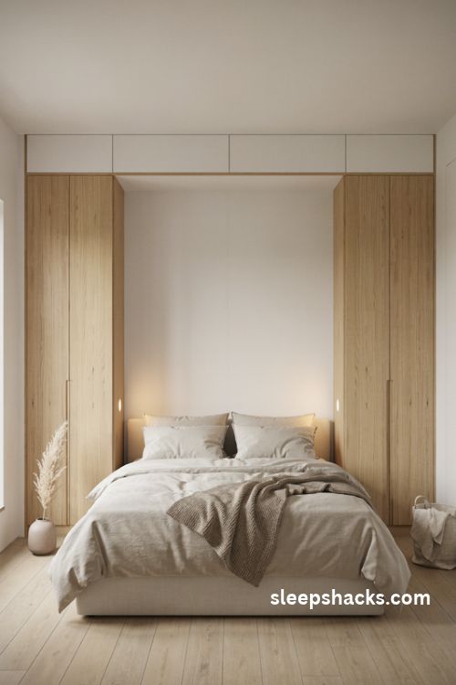 Bedroom wardrobe built around the bed with overhead cabinets integrated reading lights and cozy built in storage