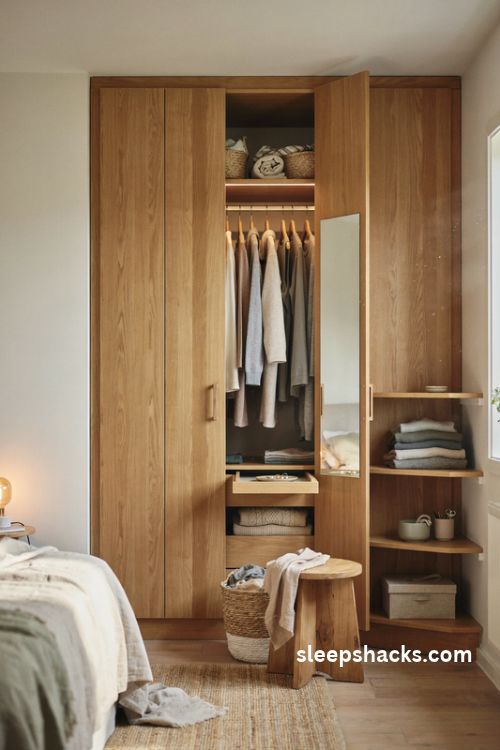 Bedroom wardrobe ideas with floor to ceiling oak storage organized clothes woven baskets and a calm neutral bedroom