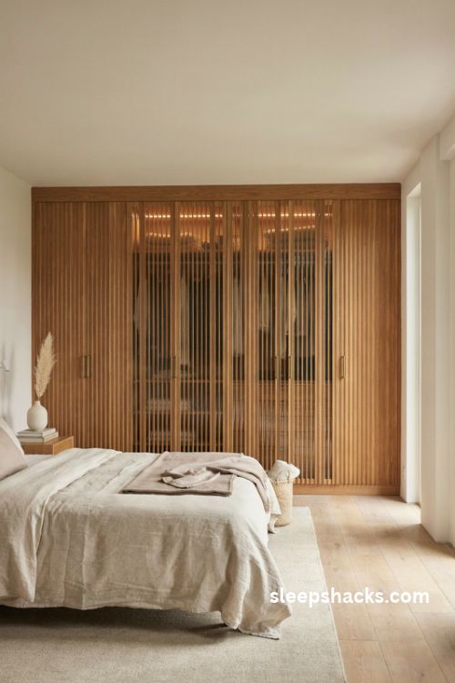 Bedroom wardrobe with fluted oak doors reeded glass panels and warm integrated LED lighting