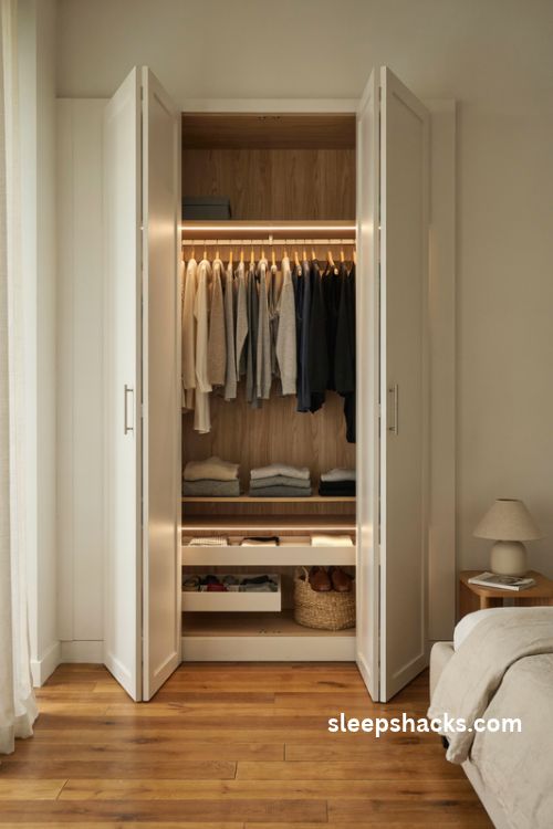 Bedroom wardrobe with warm LED strip lighting motion sensors and neatly organized clothes and shelves