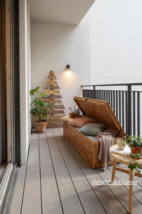 Bench with hidden storage for a small flat balcony with cozy cushions and space saving seating