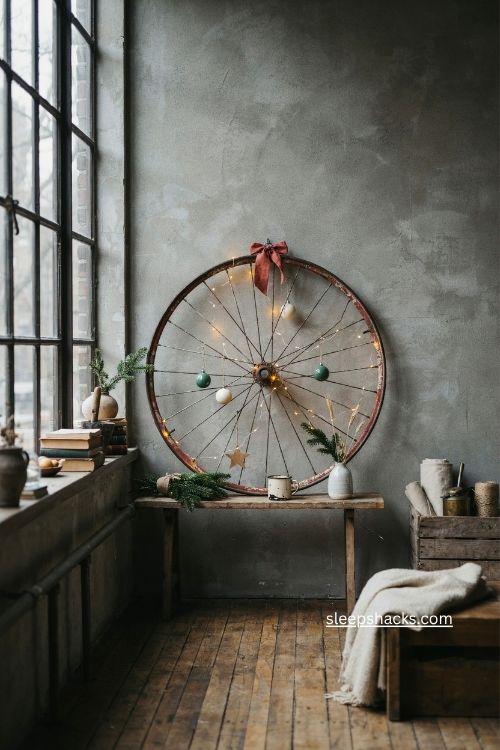 Bicycle wheel christmas tree with starburst lights and ornaments in a cozy industrial loft 