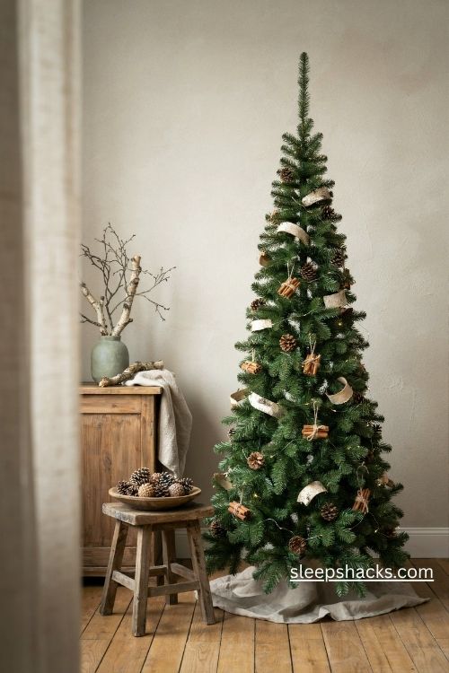 Birch bark and natural textures on a slim pencil christmas tree with pinecones and cinnamon sticks