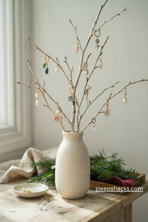 Birch branch earring display in an ivory vase with colorful gemstone earrings and winter greenery