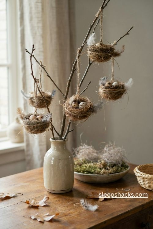 Bird nest and feather ornaments on a rustic branch tree with woodland fall decor