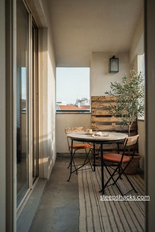 Bistro set in the corner of a small flat balcony with folding chairs and cozy terracotta cushions