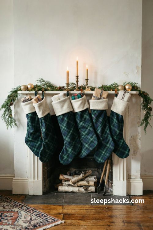 Black Watch tartan Christmas stockings with cream wool cuffs on a white fireplace mantel