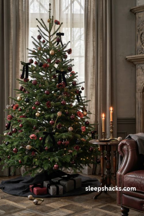 Black and burgundy christmas tree with velvet bows and antique brass ornaments