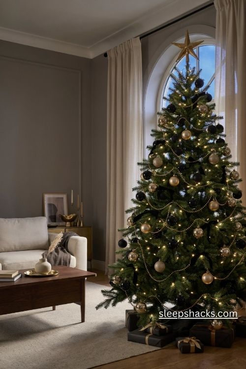 Black and gold Christmas tree with glossy black baubles and sparkling gold stars