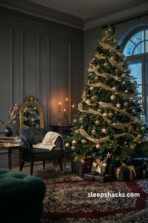 Black and gold Christmas tree with matte black ornaments and glamorous metallic decorations