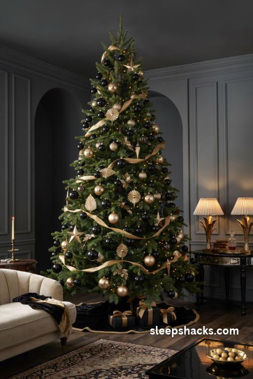 Black and gold Hollywood Regency Christmas tree with glossy ornaments and Art Deco accents