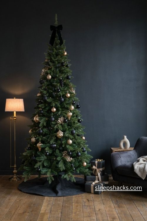 Black and gold glam pencil christmas tree with matte ornaments and a velvet bow