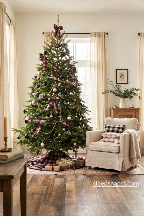 Black and pink buffalo plaid christmas tree with cozy farmhouse bows and natural pinecones
