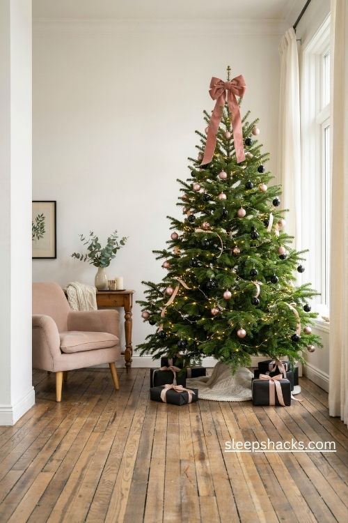 Black and pink christmas tree with an oversized blush velvet bow or black glitter star topper