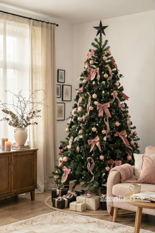 Black and pink christmas tree with blush velvet bows and dramatic modern holiday decor