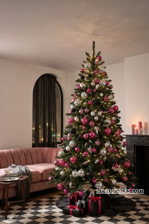 Black and pink christmas tree with mirrored disco balls silver glitter ornaments and sparkling lights