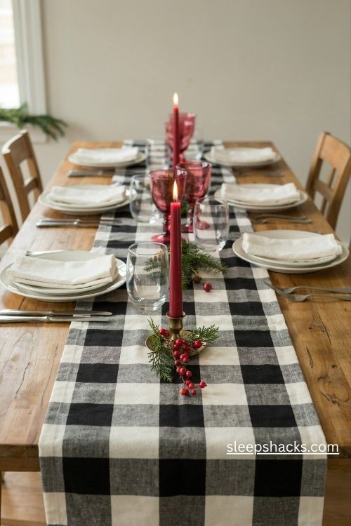 Black and white buffalo check christmas table setting with a red candle accent