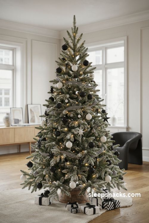 Black and white designer christmas tree with graphic striped ribbon and modern ornaments