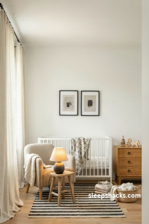 Black and white gender neutral nursery with white crib and natural wood accents