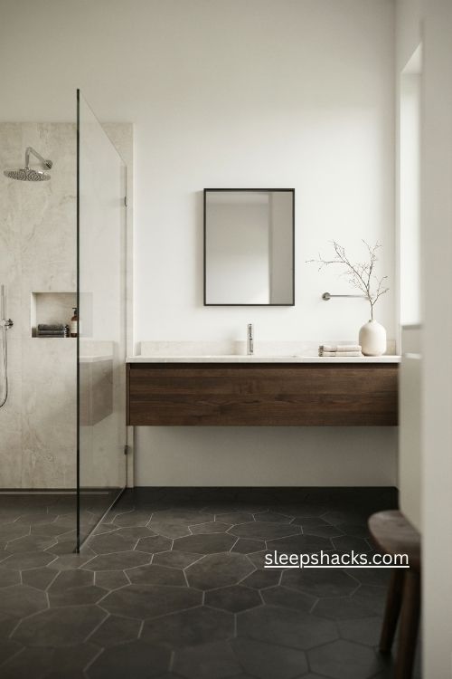 Black and white minimalist bathroom with dark vanity hexagon floor and marble