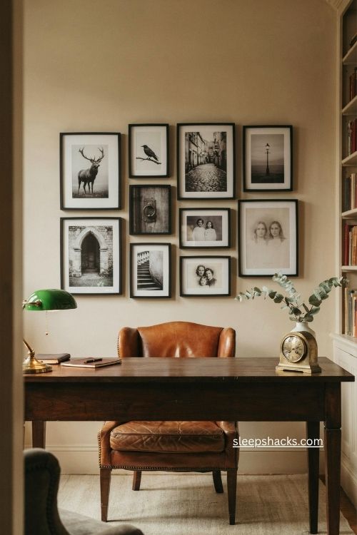 Black and white photography wall above a dark wood masculine office desk