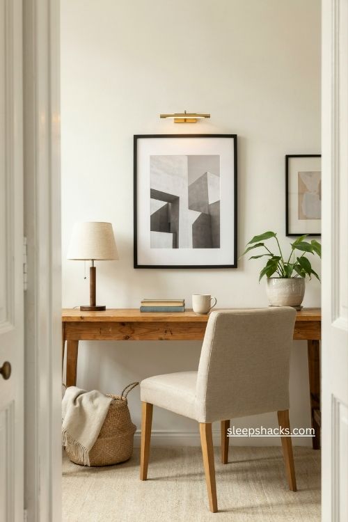 Black and white statement print above a wooden desk in a cozy home office