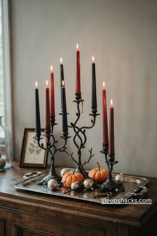 Black candelabra display with dripping candles silver ornaments and gothic christmas pumpkins
