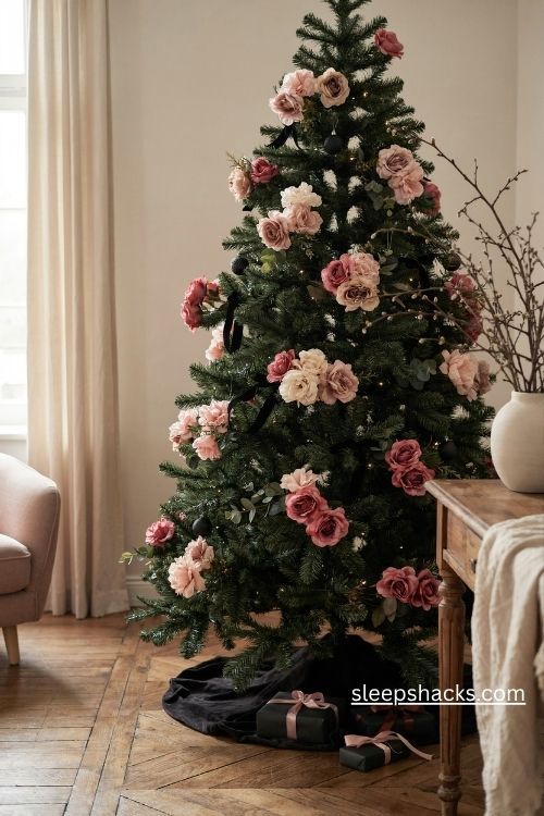 Black christmas tree decorated with blush pink roses and dark velvet ribbon