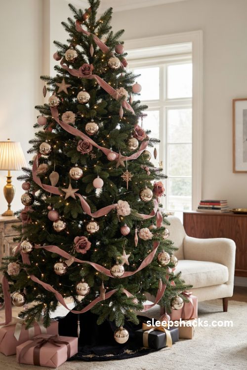 Black christmas tree with gold mirrored ornaments blush pink velvet ribbon and glitter stars