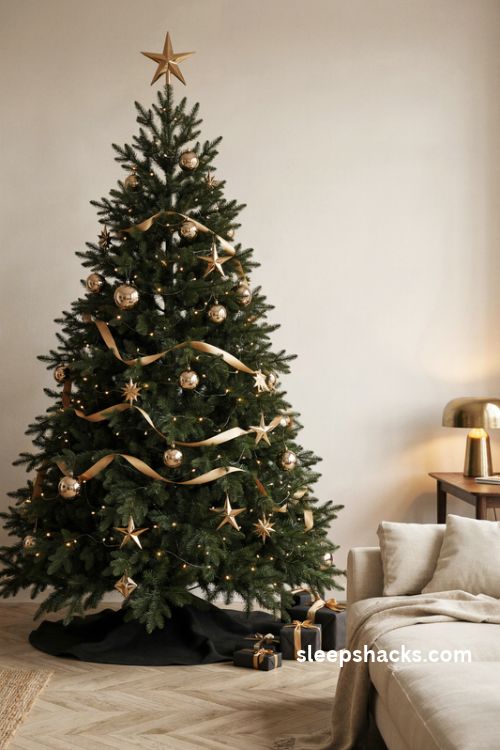 Black christmas tree with gold ornaments and flowing metallic ribbon in a modern living room